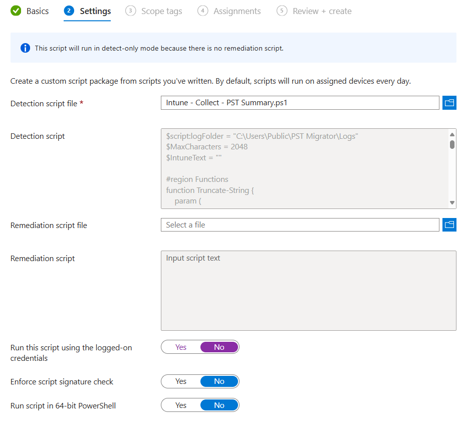 Intune Script PST Summary Settings